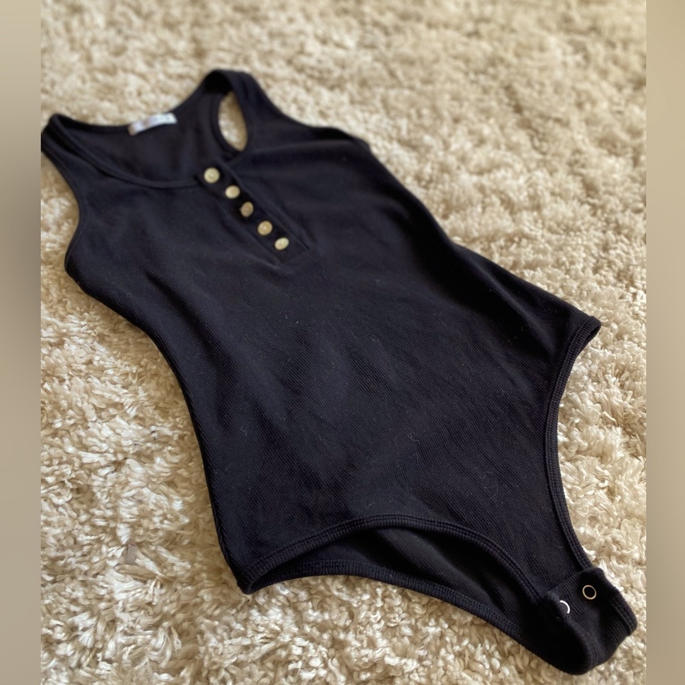 Half Button Black Bodysuit
